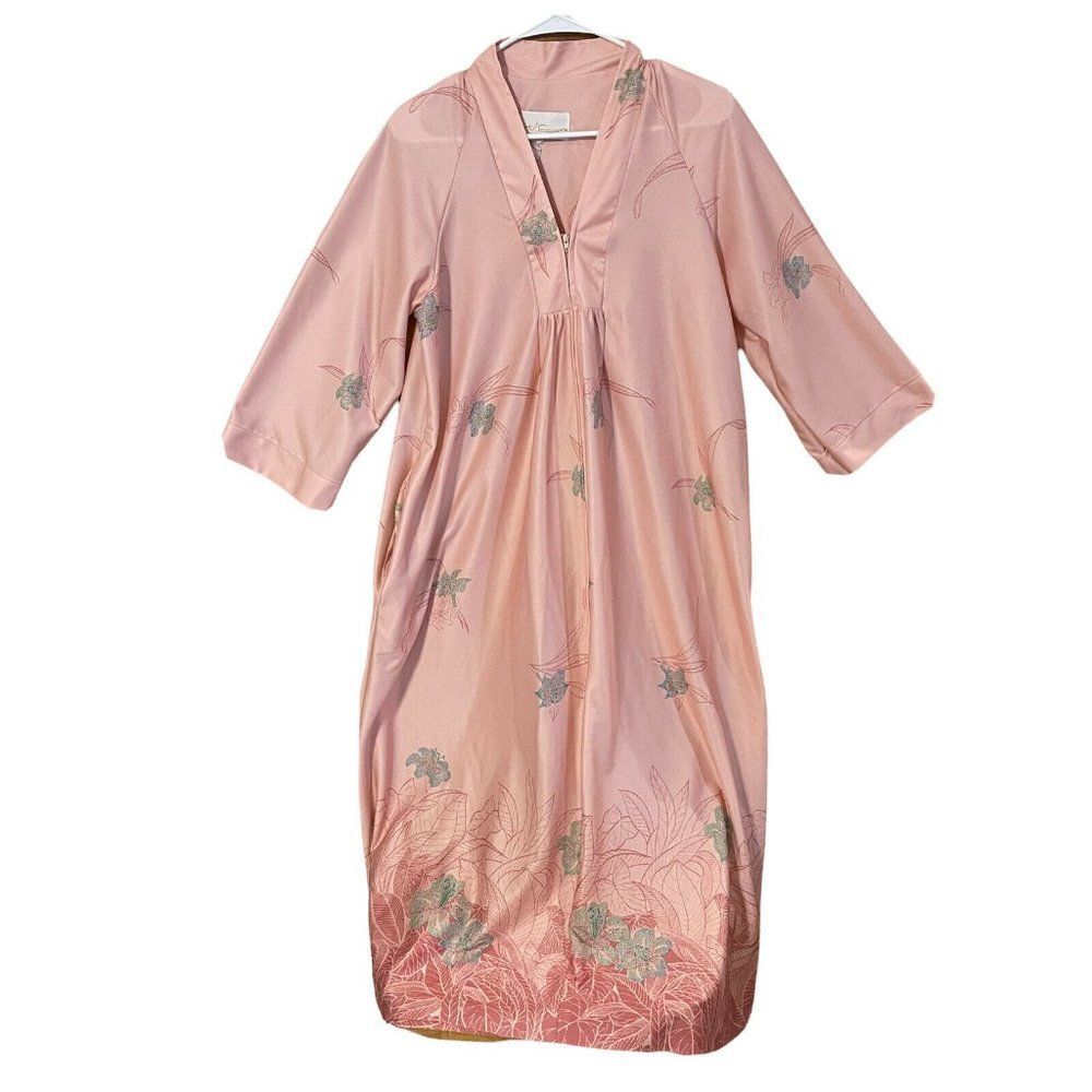 TV Loungers House Dress Robe M Womens VTG Pink Floral Long Sleeve USA 3/4 Zip